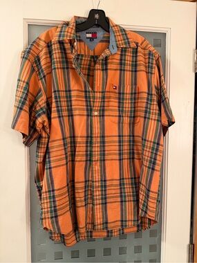 Tommy Hilfiger Orange and Navy Plaid Short-Sleeve Button-Down